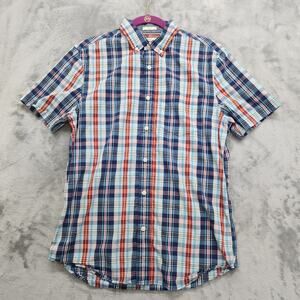 HAWKER RYE Shirt Men M Blue Red Plaid Essential Wash Short Sleeve Stretch Cotton